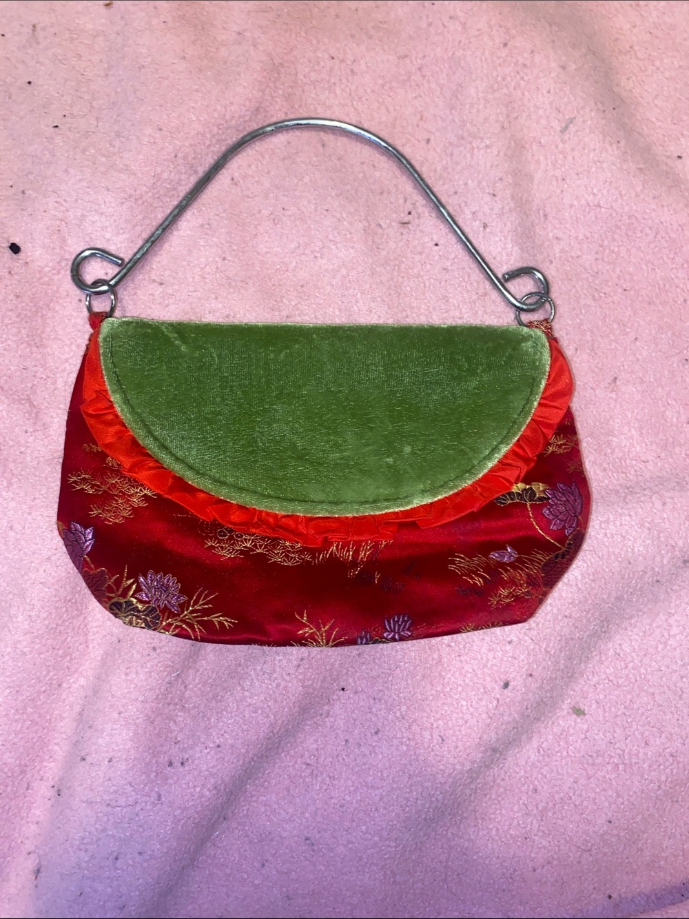 Yams NY Red SILK And Rayon Floral Evening Clutch with Green Velvet Flap